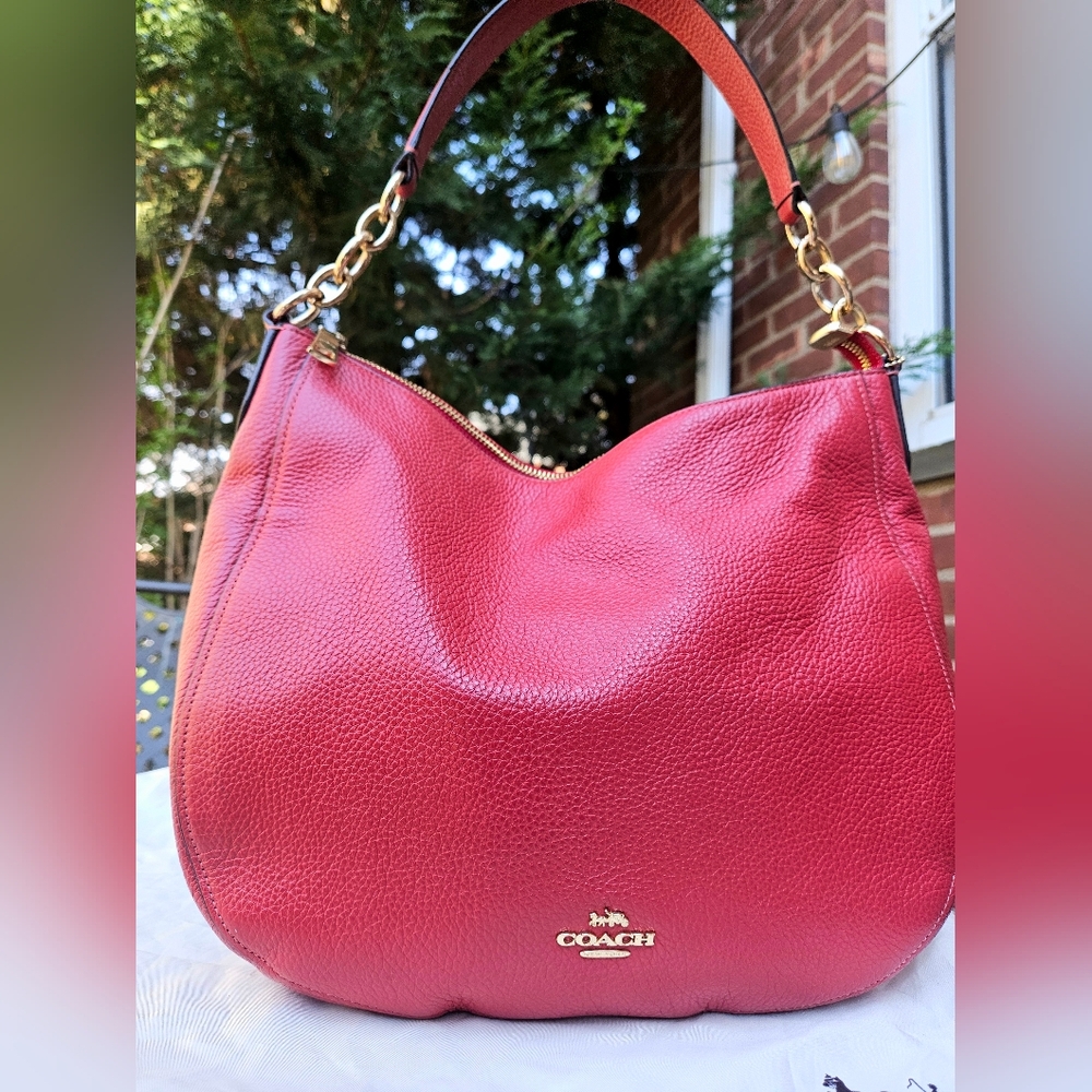 COACH 2018 Bright Red Pebbled Leather Elle Hobo Shoulder Bag - F31399